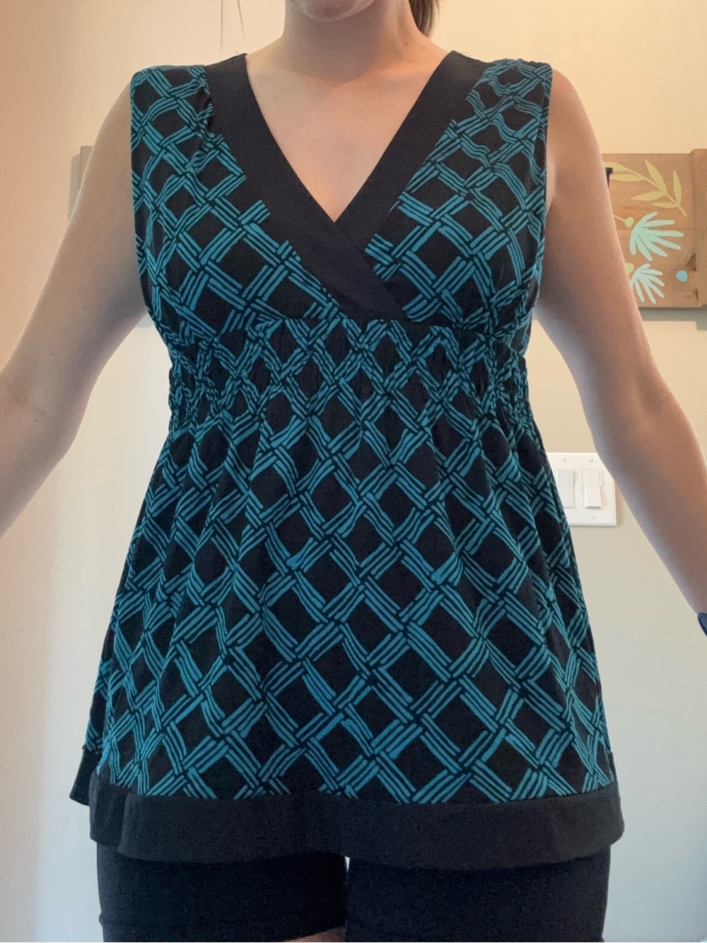 a.n.a Black Sleeveless V-Neck Tank with Teal Geometric Print